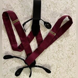 Unbranded Men's Suspenders Burgandy Silk/Black Leather Adjustable